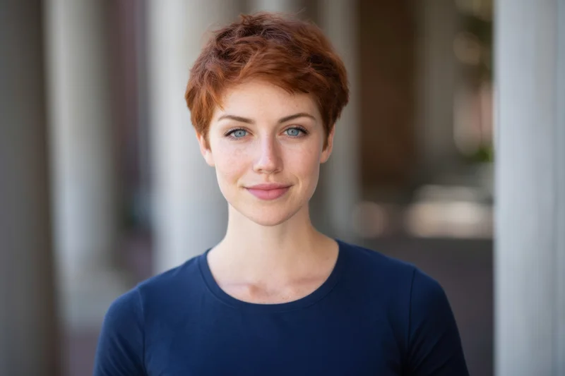 Young woman with short red hair and blue eyes smiling in a hallway with columns