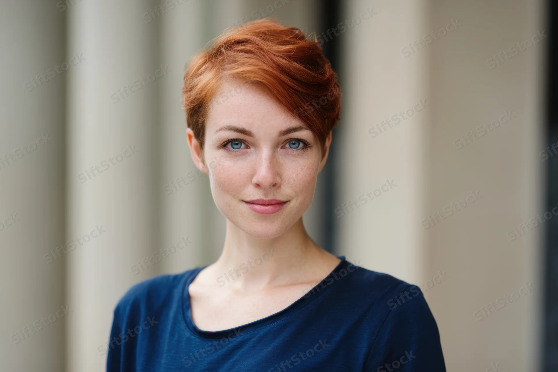 Young woman with short red hair and blue eyes smiling in a close-up portrait indoors