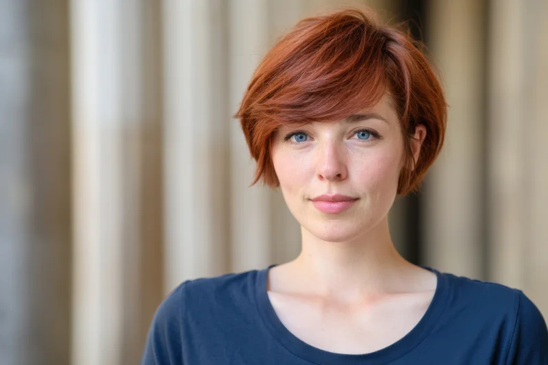 Young woman with short red hair and blue eyes looking directly at camera in a close-up portrait indoors
