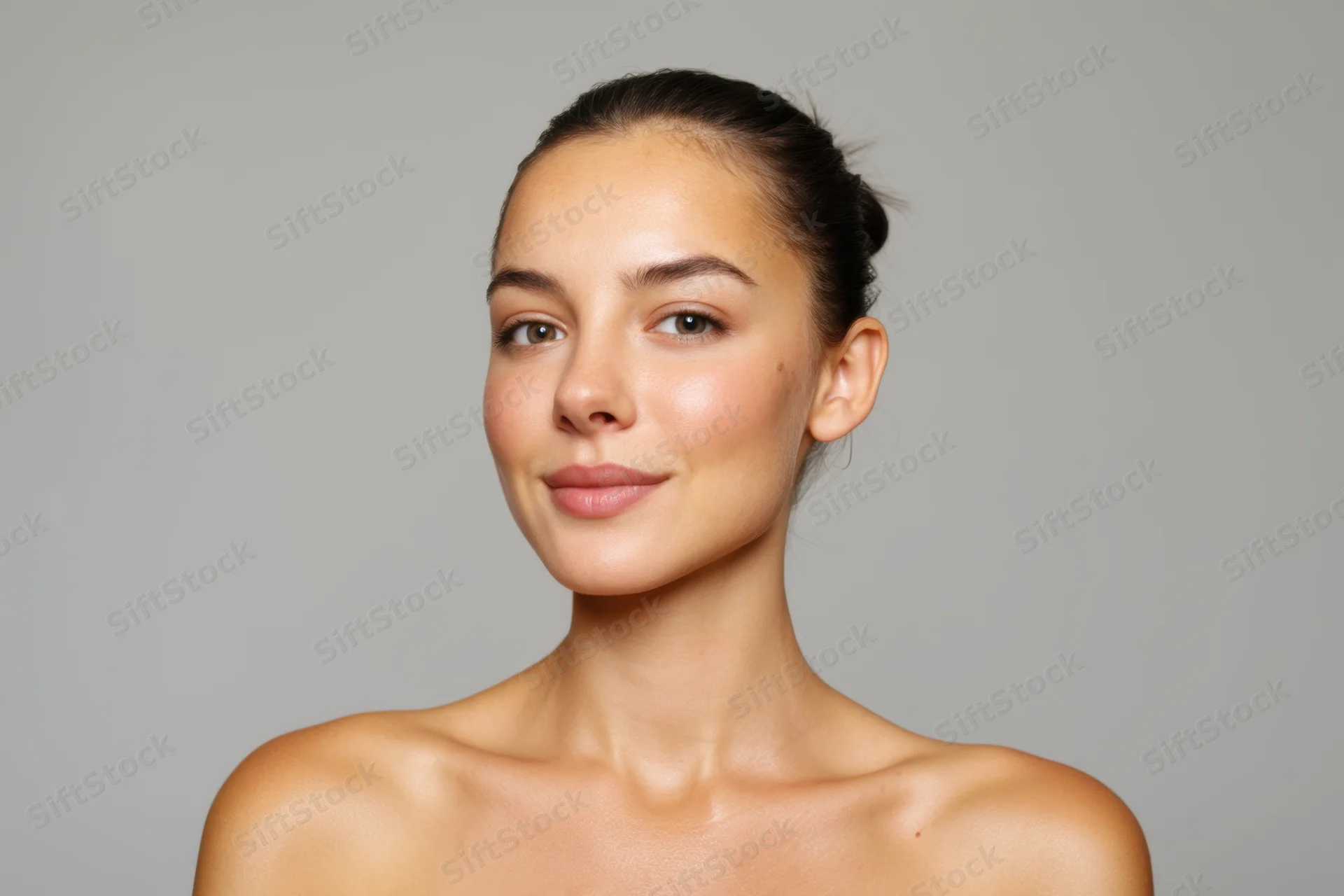 Young woman with flawless skin in a studio portrait, hair pulled back, bare shoulders, neutral background