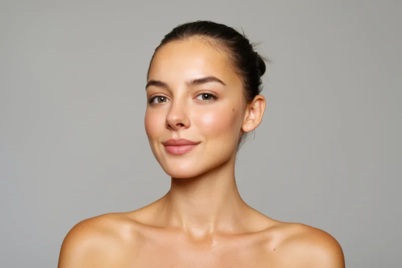 Young woman with flawless skin in a studio portrait, hair pulled back, bare shoulders, neutral background