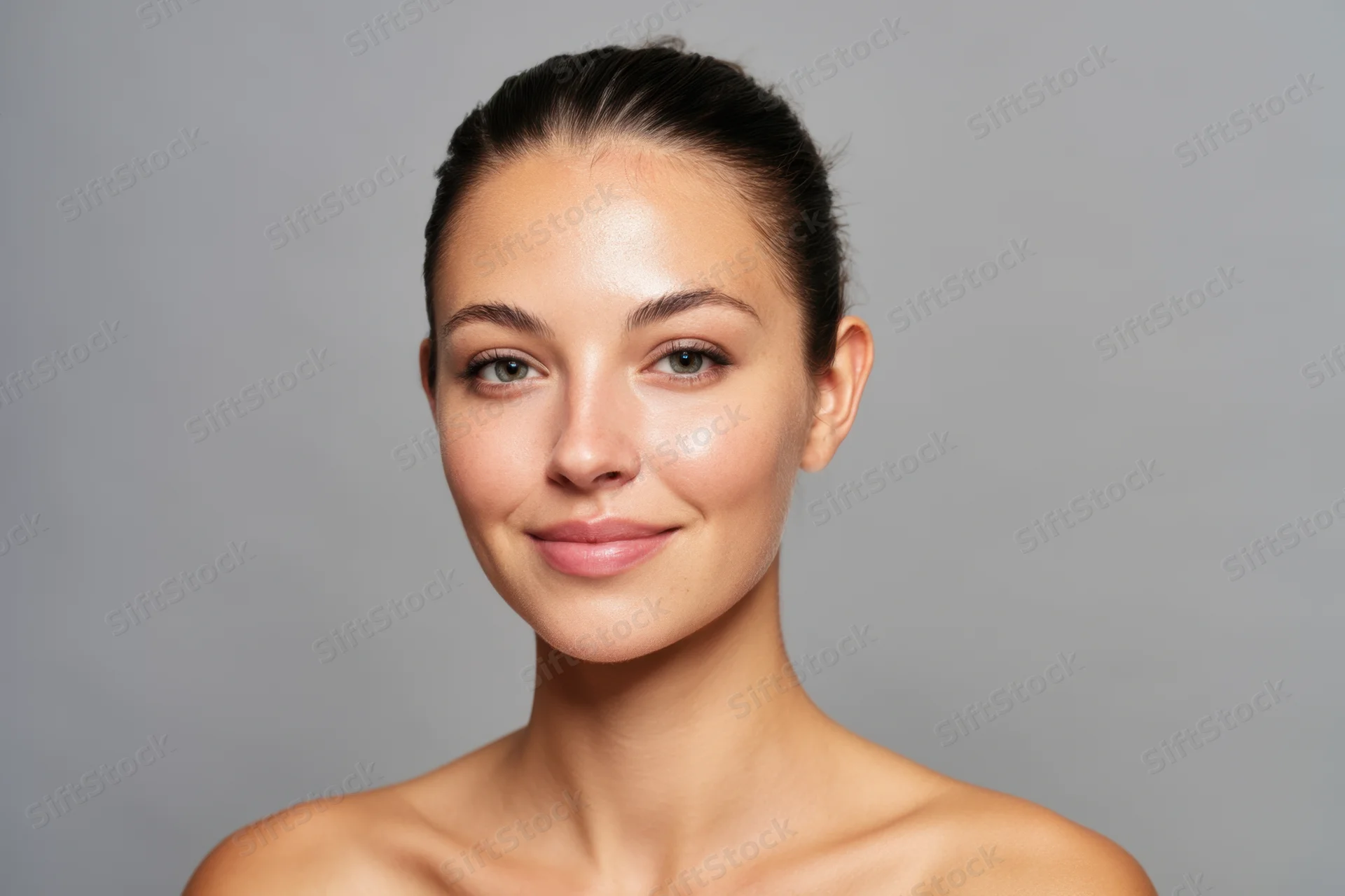 Young woman with flawless skin smiling softly in studio portrait