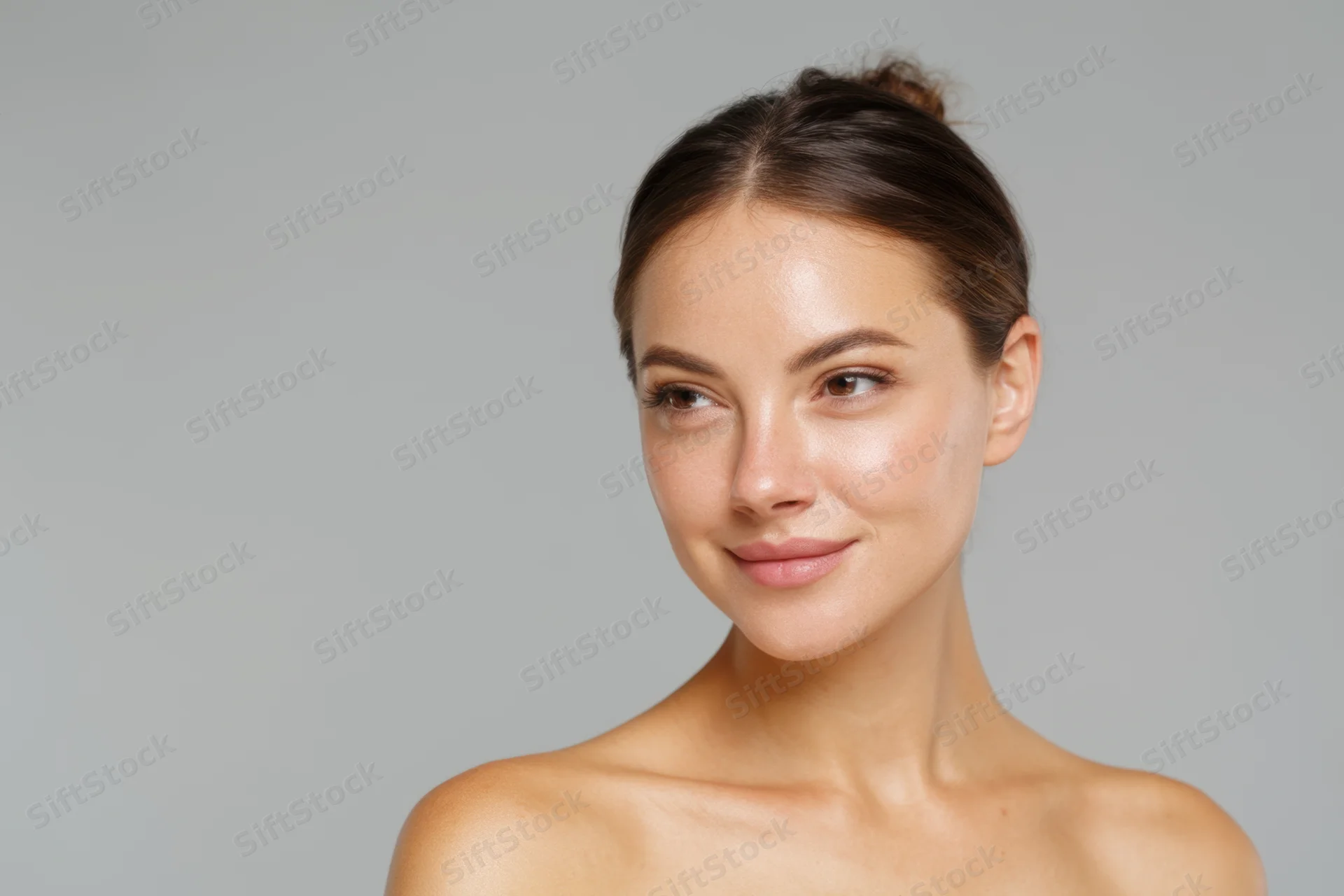 Young woman with flawless skin smiling softly in studio portrait