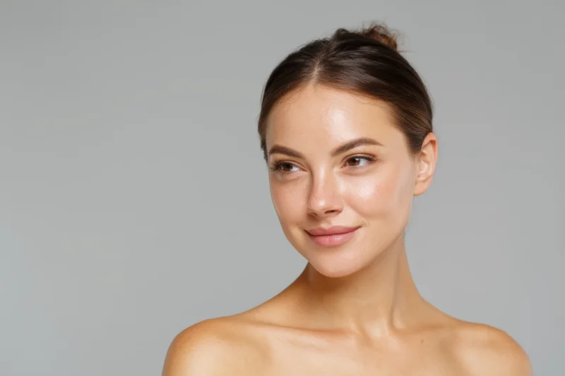 Young woman with flawless skin smiling softly in studio portrait