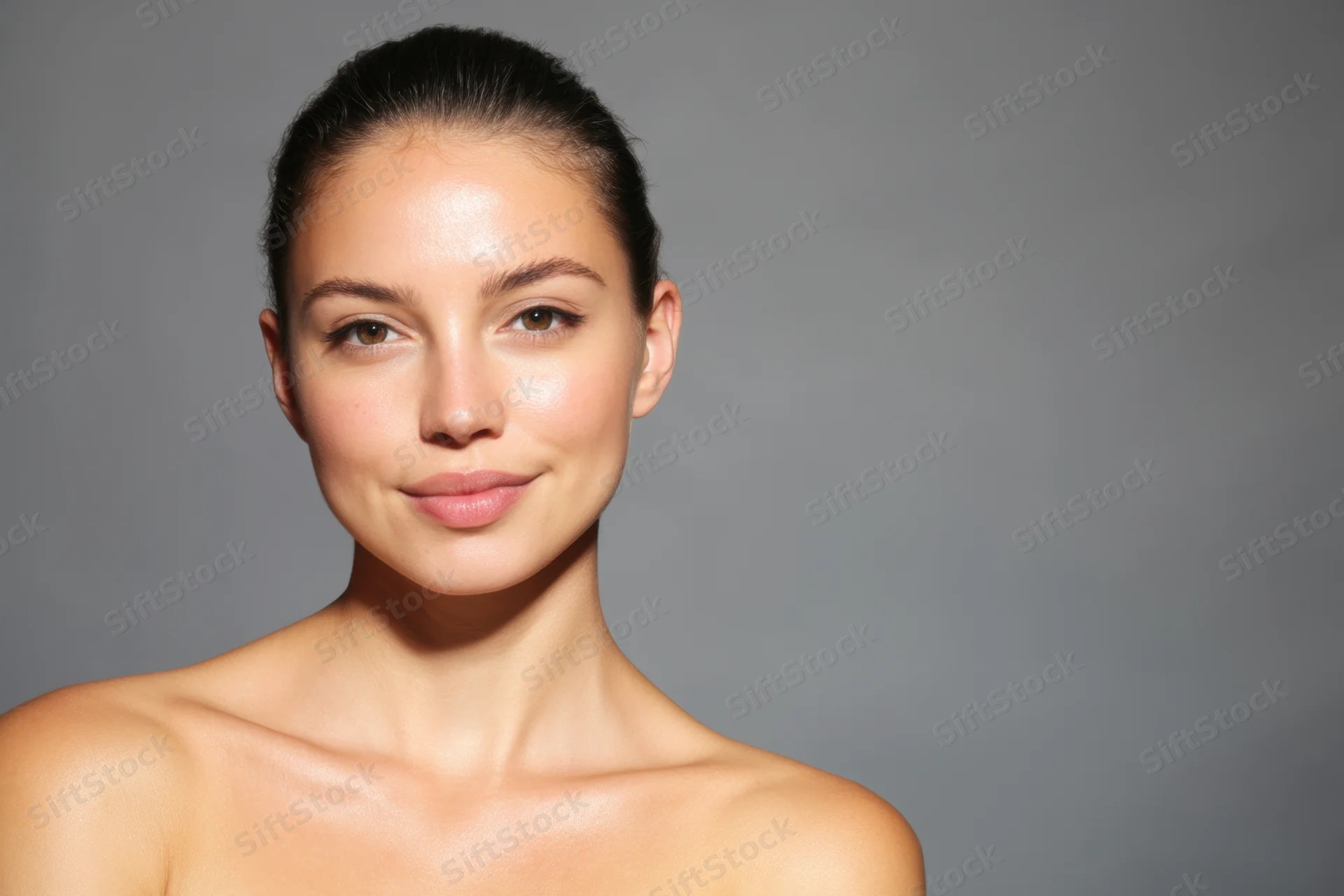 Young woman with flawless skin in studio portrait against gray background