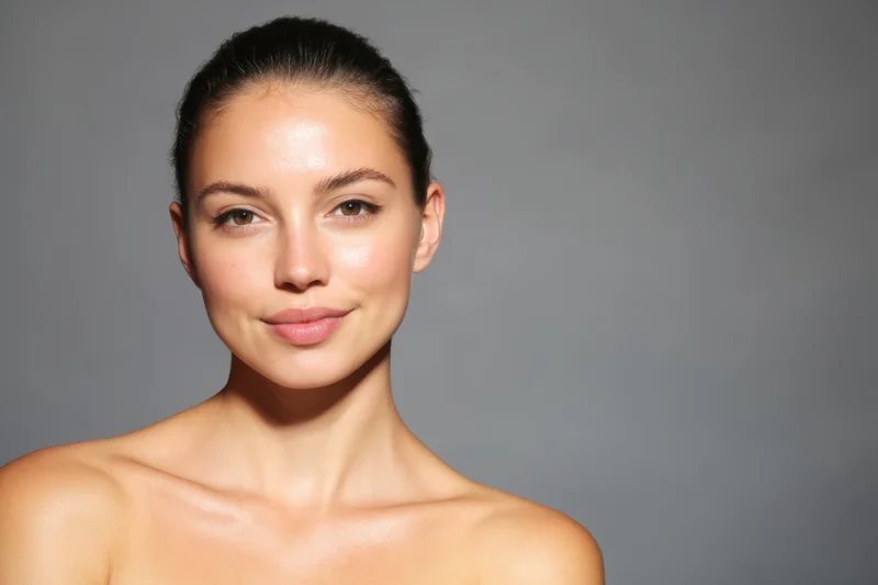Young woman with flawless skin in studio portrait against gray background