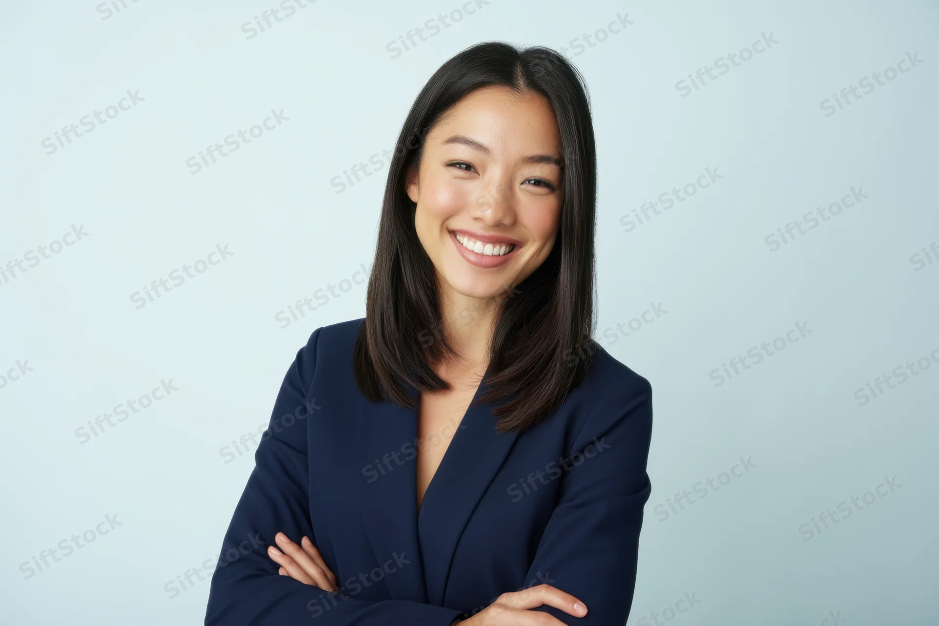 Woman in navy blazer smiling with arms crossed against light background
