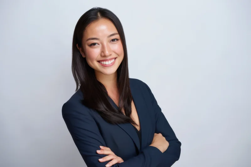 Smiling businesswoman with arms crossed in navy blazer against white background