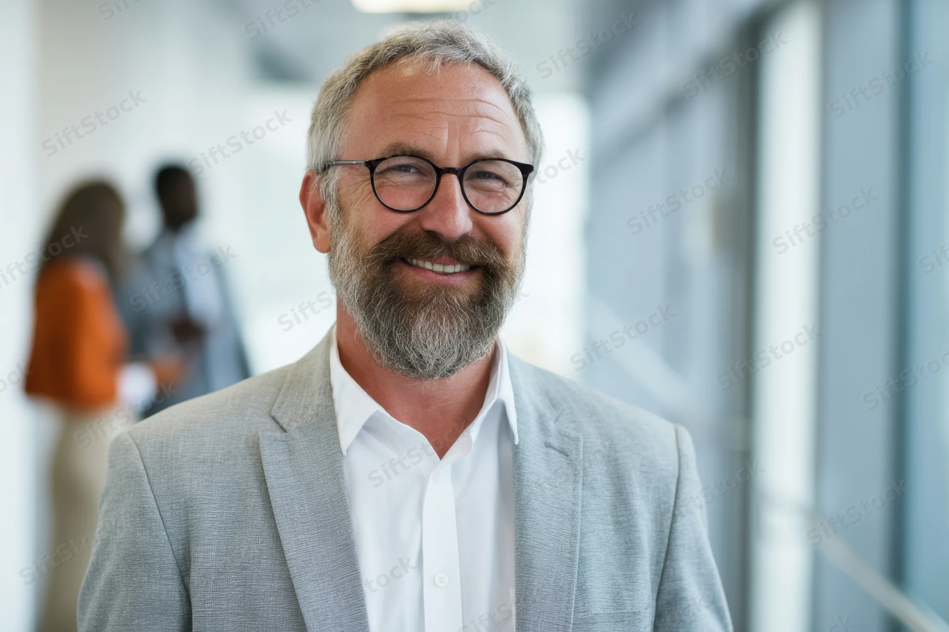 Middle-aged man with beard and glasses smiling in office hallway