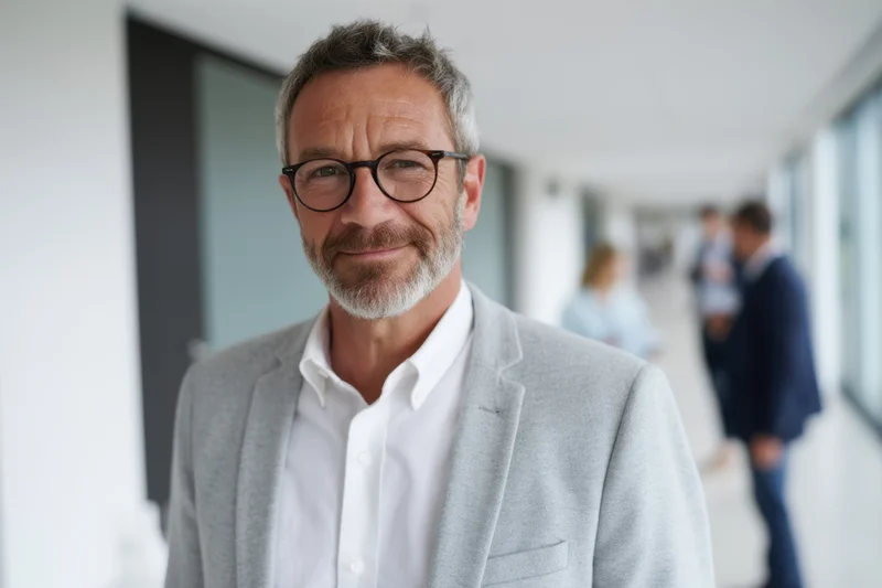 Middle-aged man with beard and glasses standing in office hallway smiling confidently