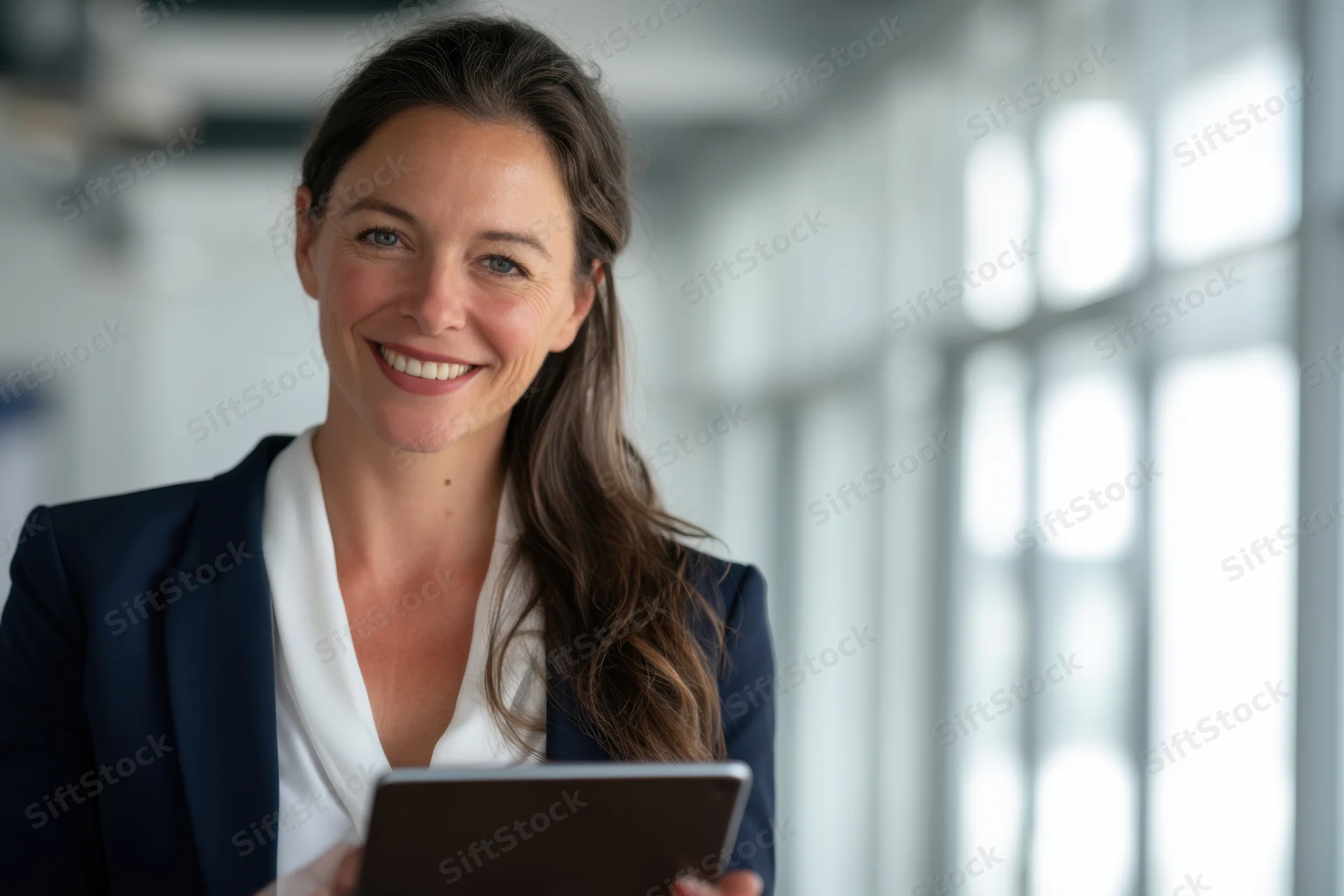 Woman in navy blazer and white blouse holding tablet in office interior smiling at camera