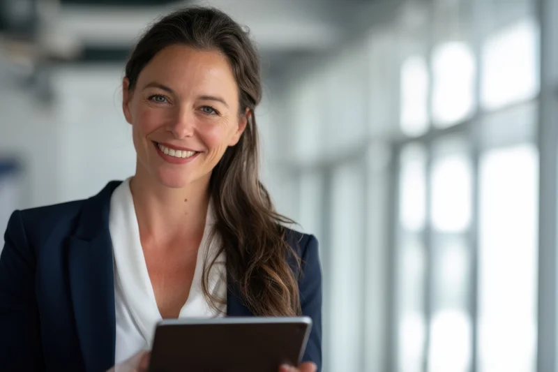 Woman in navy blazer and white blouse holding tablet in office interior smiling at camera