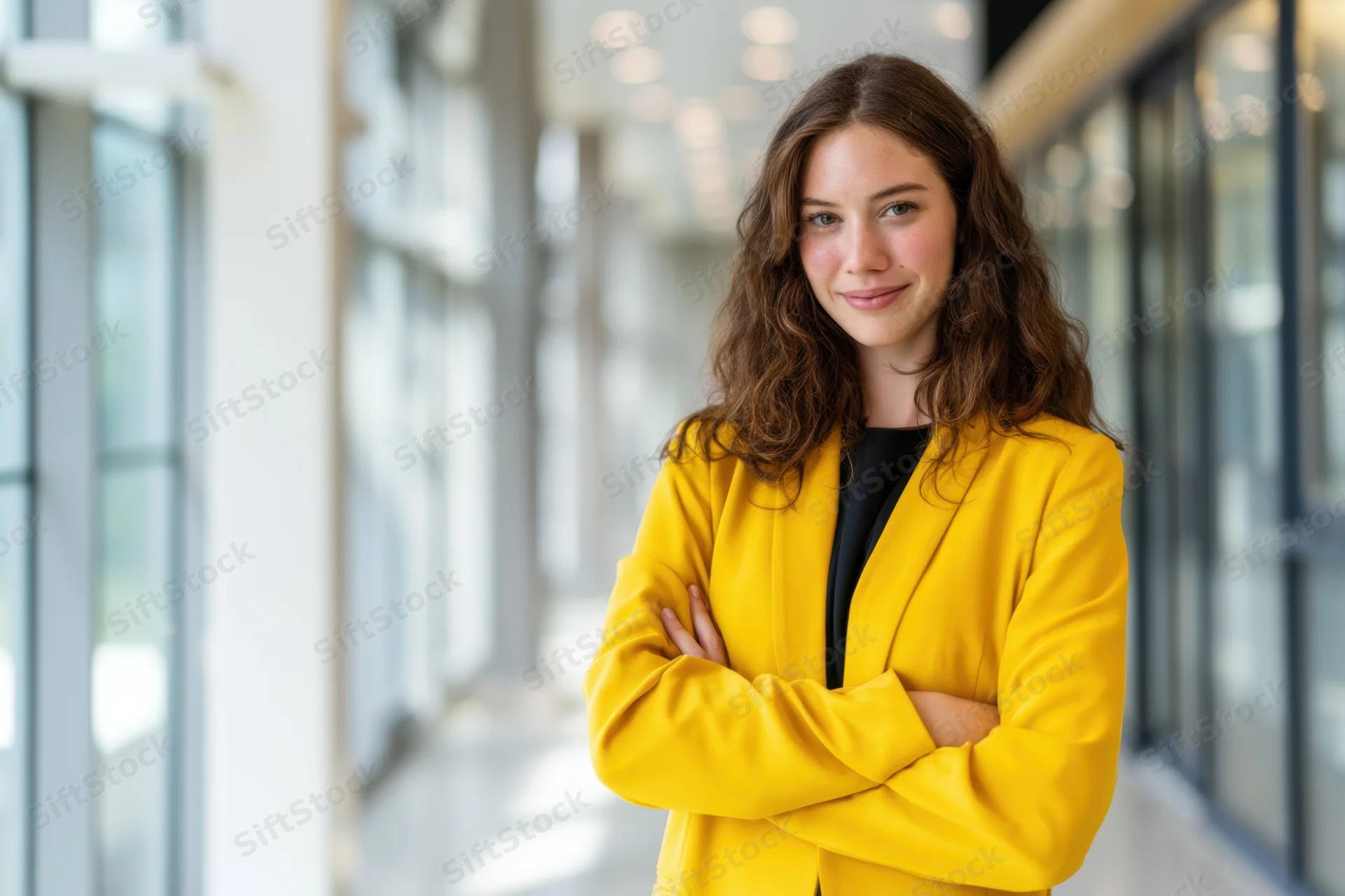 Confident woman in yellow blazer with arms crossed in office corridor