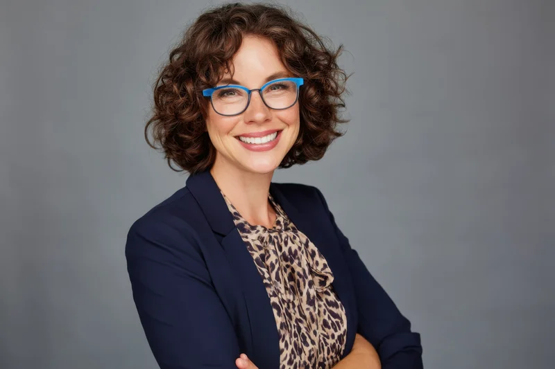 Confident woman with curly brown hair and blue-framed glasses smiling in a navy blazer over a leopard-print blouse with arms crossed in a studio setting