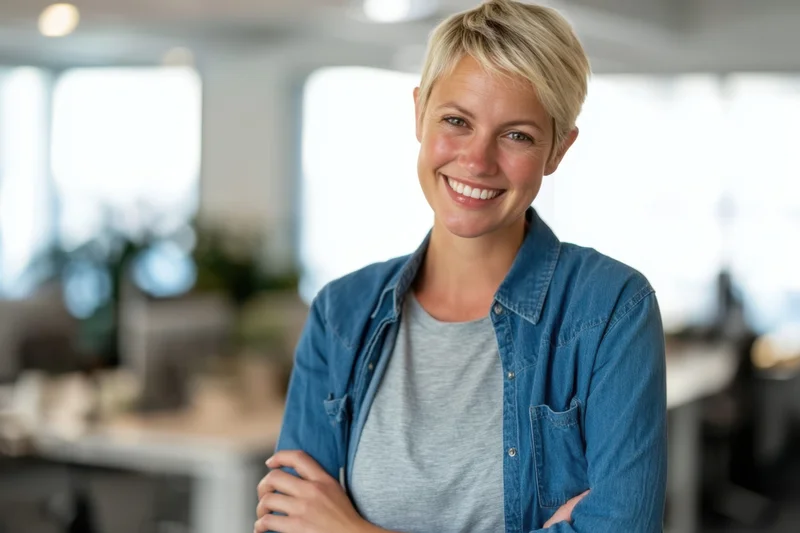Confident woman smiling with arms crossed in a modern office workspace