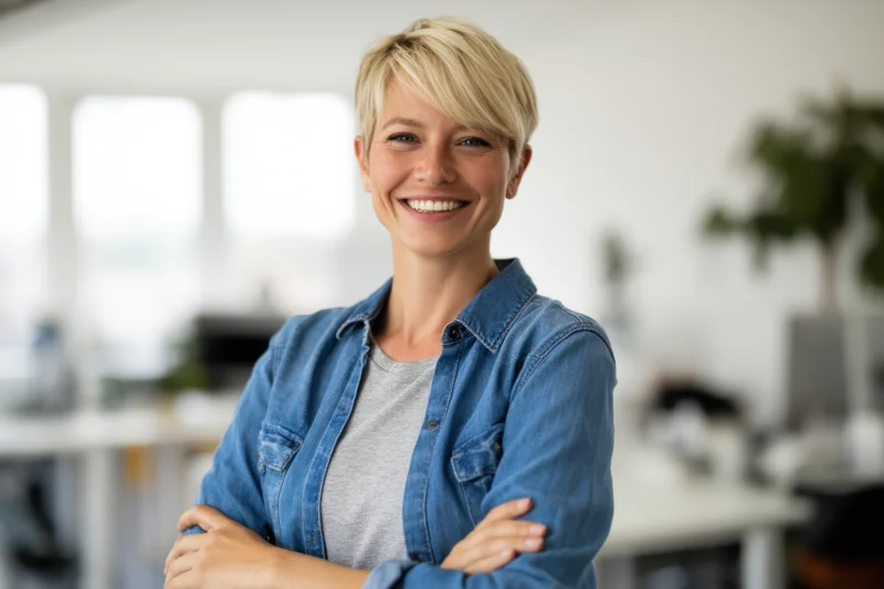 Confident woman with short blonde hair smiling with arms crossed in a bright modern office