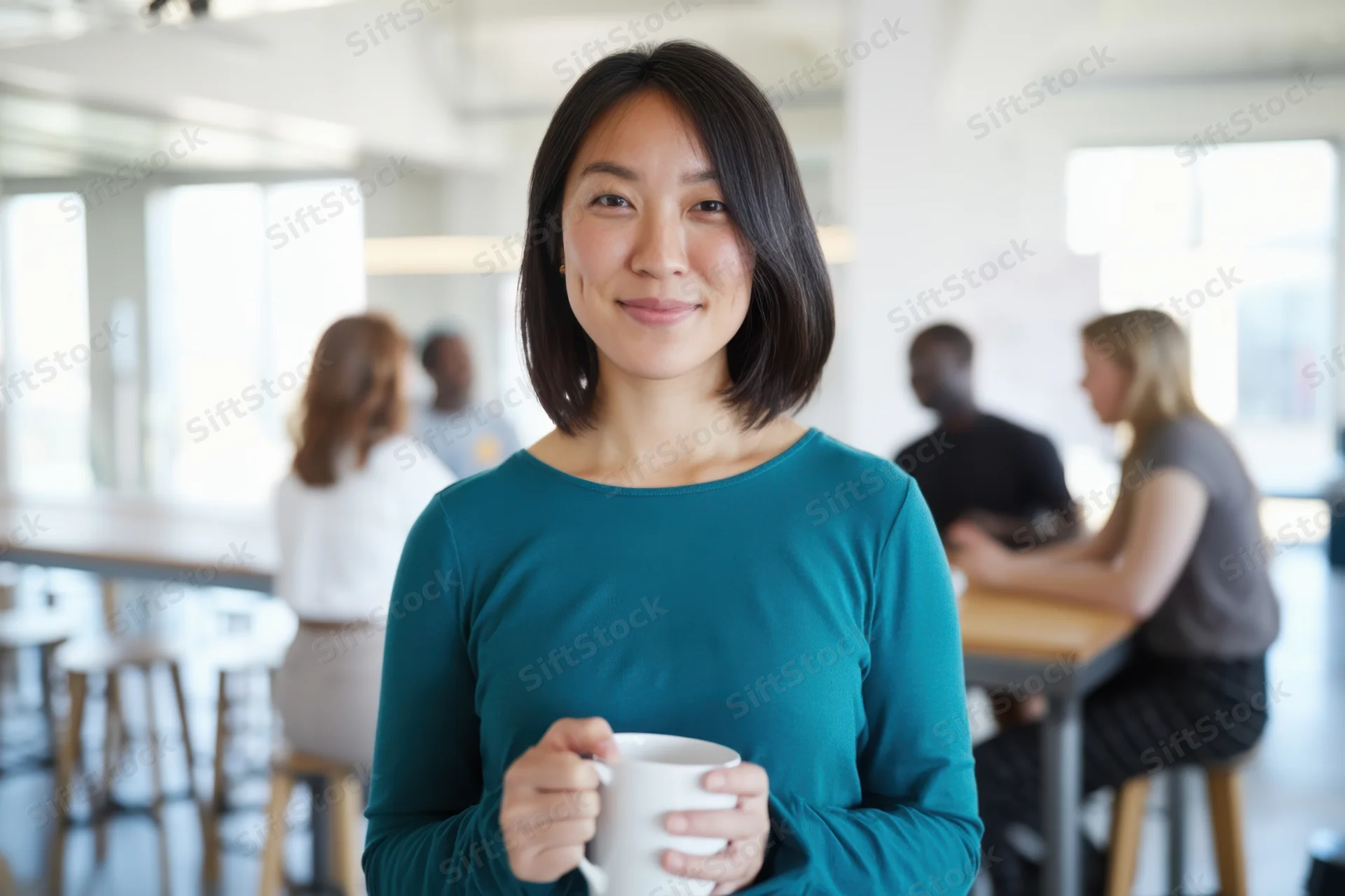 Woman holding coffee mug smiling in modern office with colleagues in background