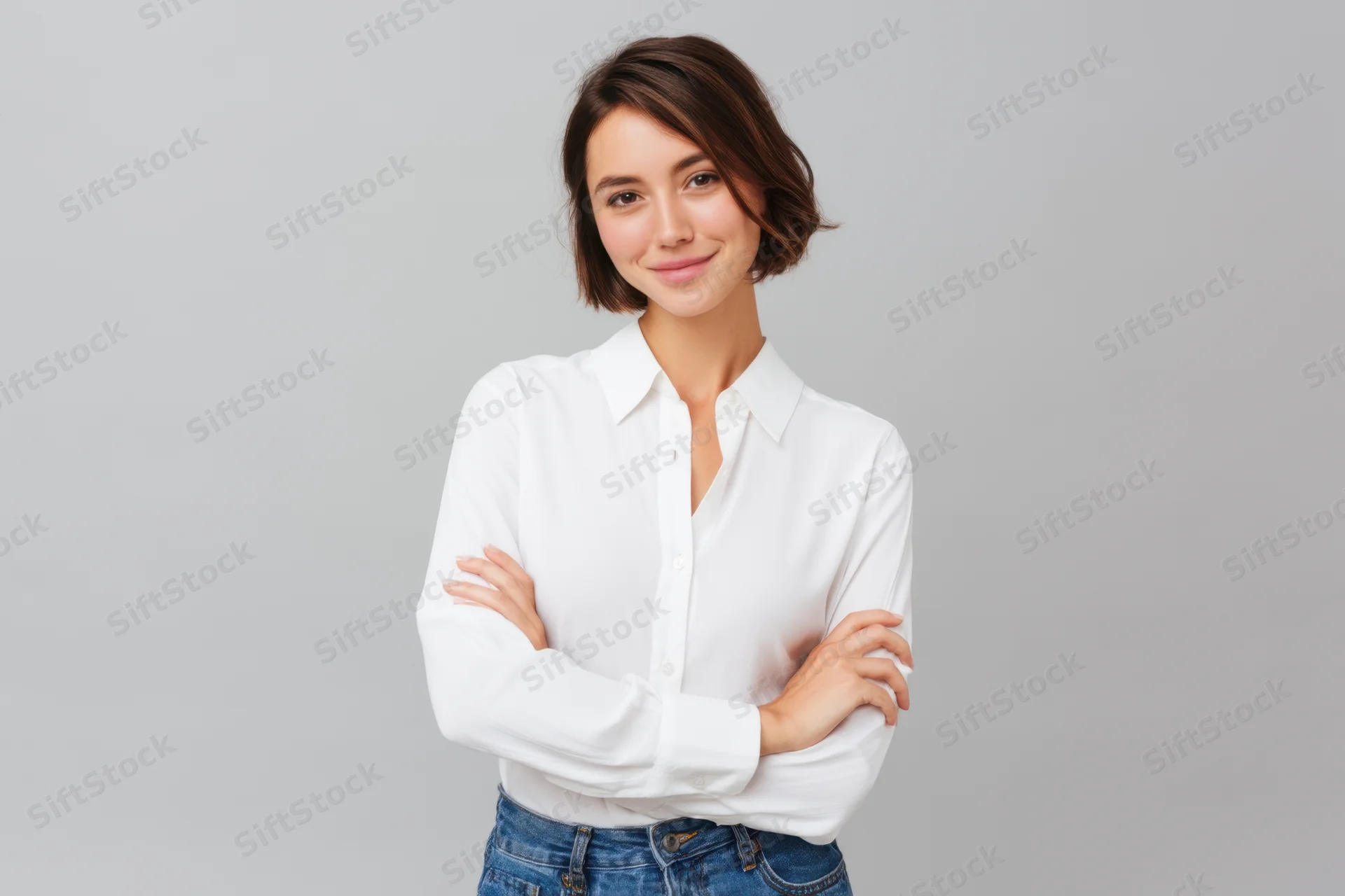 Young woman smiling with arms crossed in white shirt and jeans against gray background