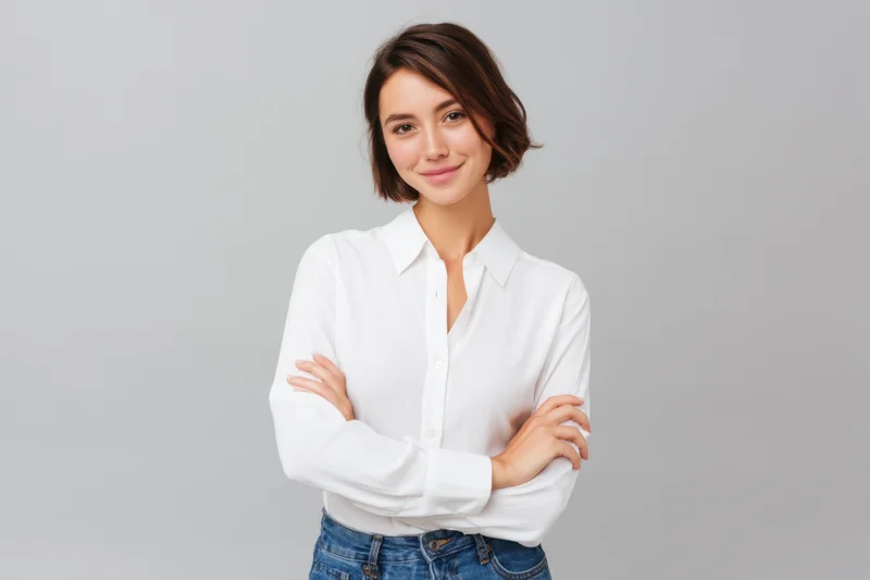 Young woman smiling with arms crossed in white shirt and jeans against gray background
