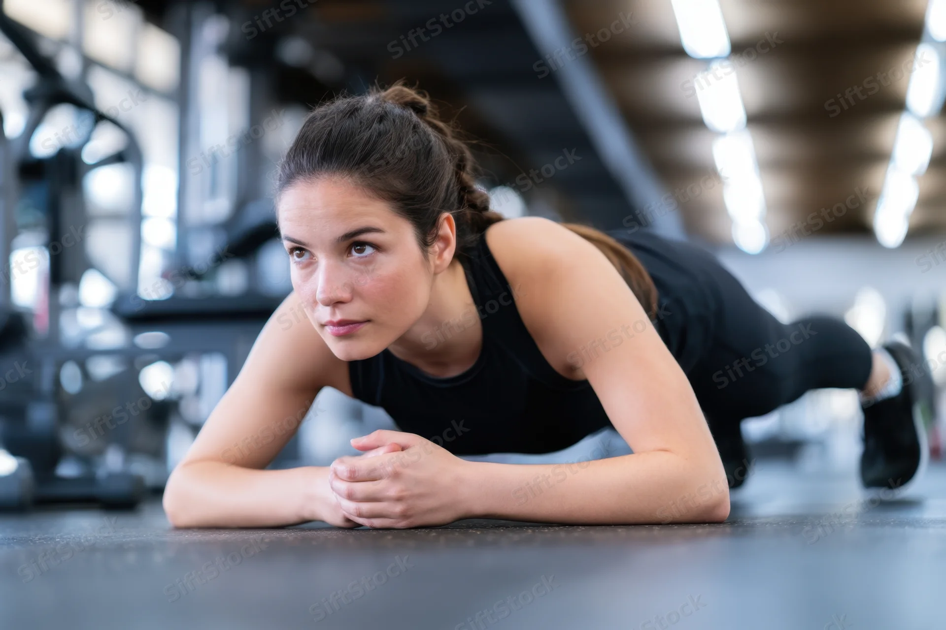 Woman holding plank position in gym with hands clasped on floor