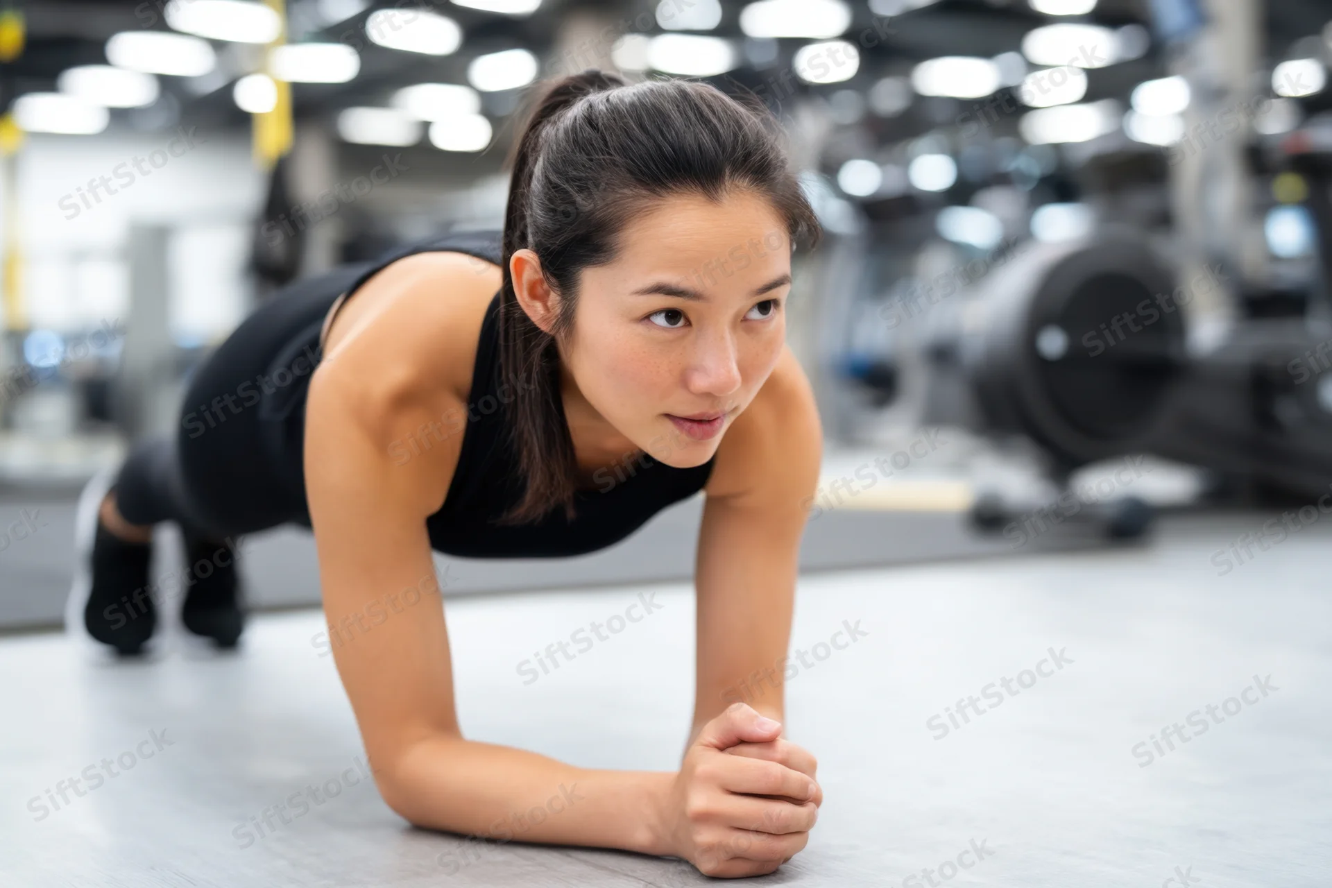 Woman holding plank position in gym with focused expression