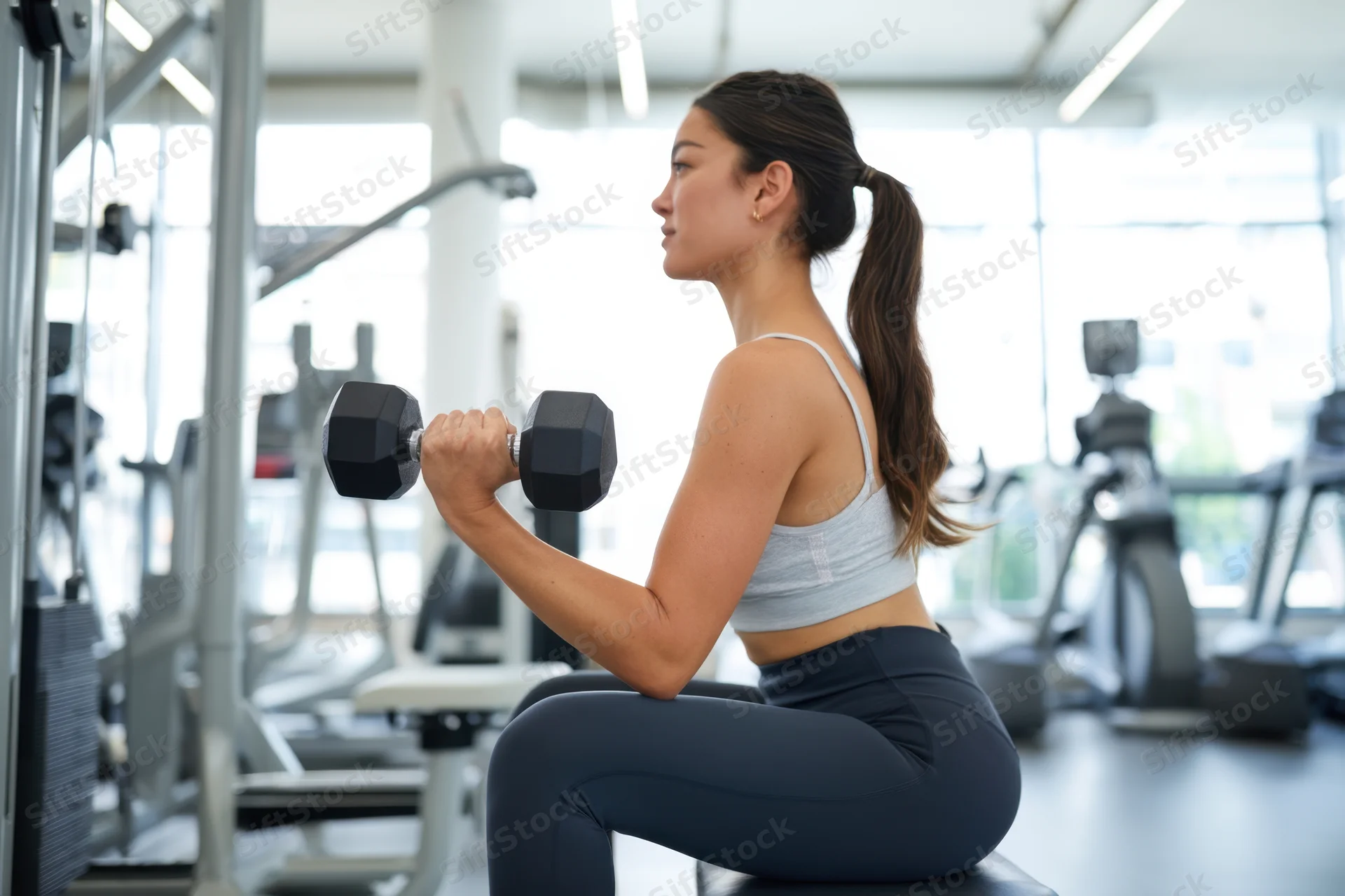 Woman lifting dumbbells in gym while seated on bench