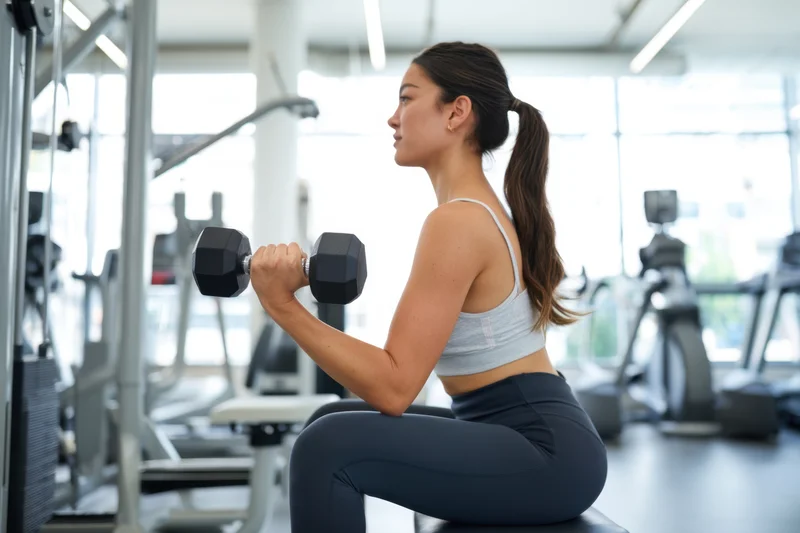 Woman lifting dumbbells in gym while seated on bench