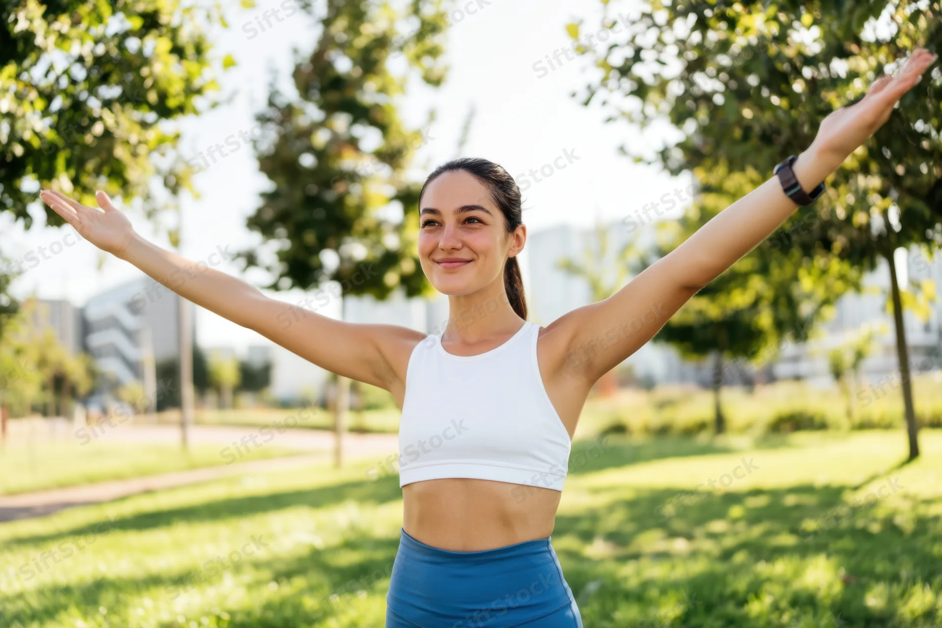 Fit woman stretching with arms outstretched in a sunlit park