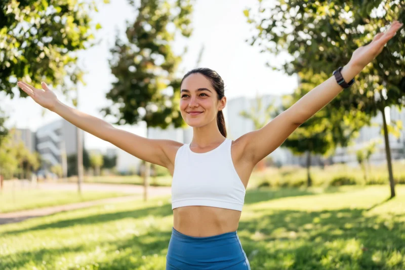 Fit woman stretching with arms outstretched in a sunlit park