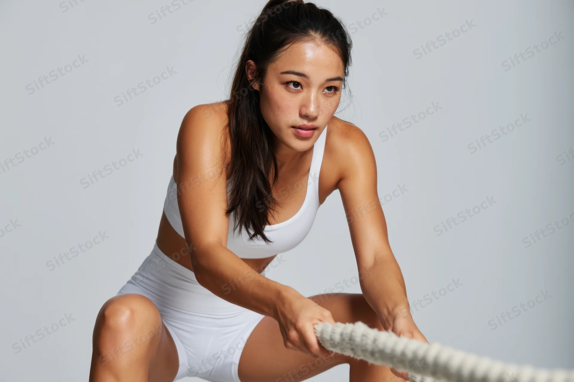 Woman crouching and pulling a thick rope in a studio setting