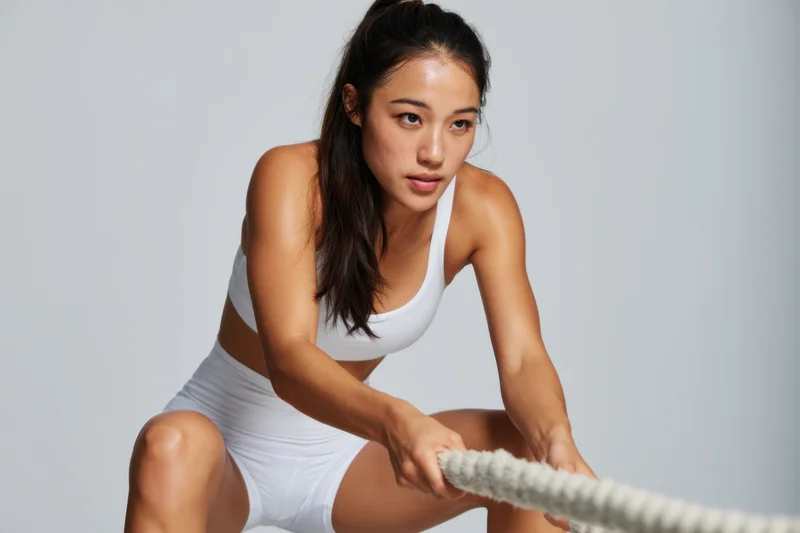 Woman crouching and pulling a thick rope in a studio setting