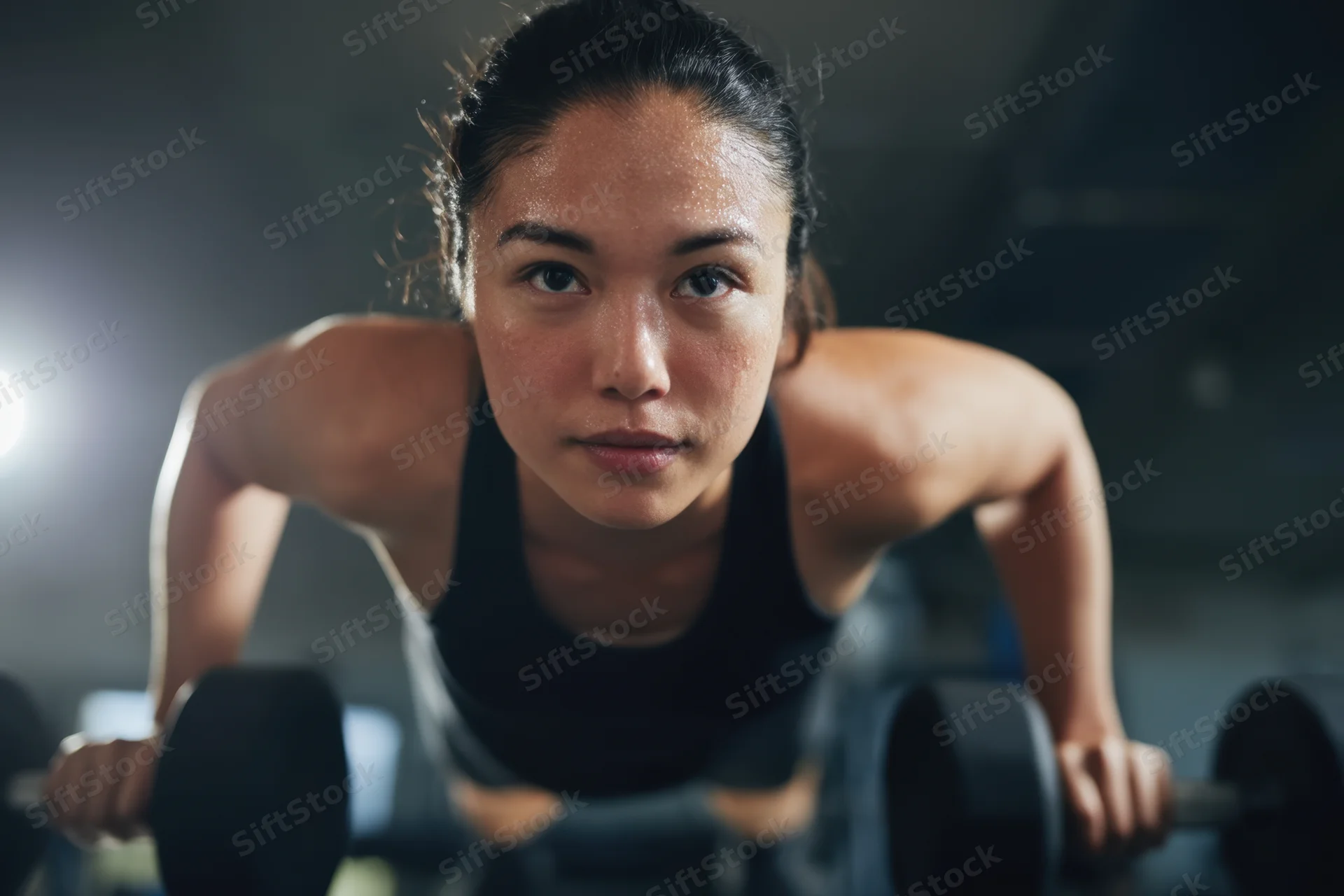 Woman performing push-up with dumbbells in gym