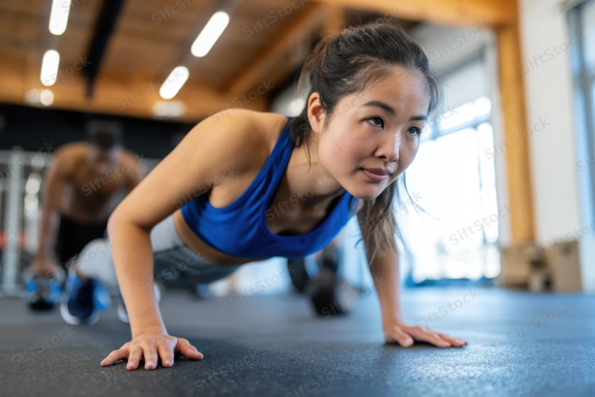 Woman doing pushup in gym with focused expression