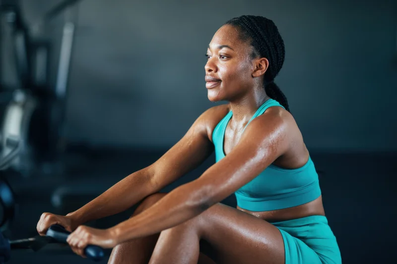 Woman rowing on exercise machine in gym wearing teal sports bra and shorts