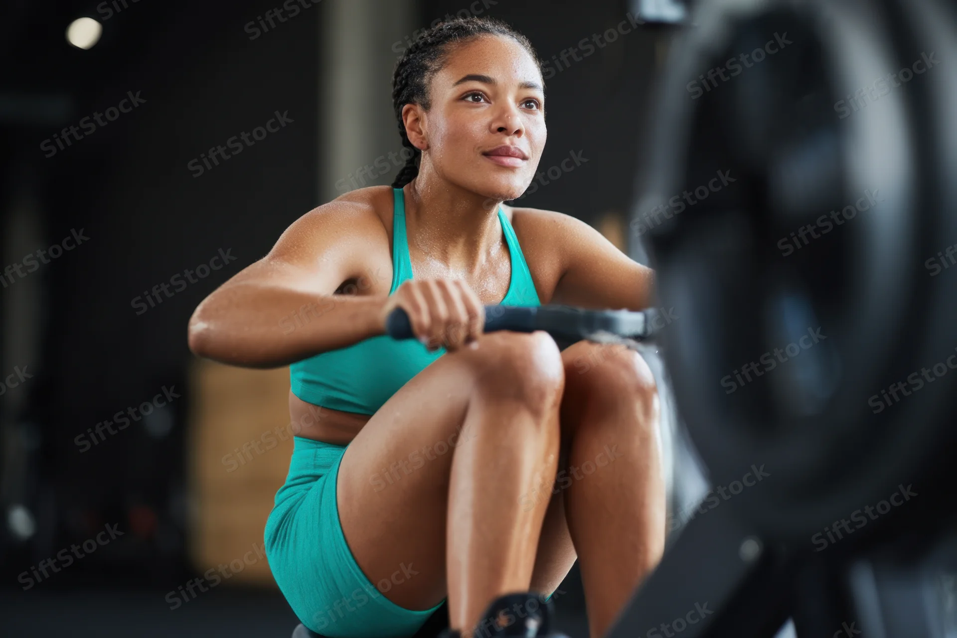 Woman rowing on exercise machine in gym