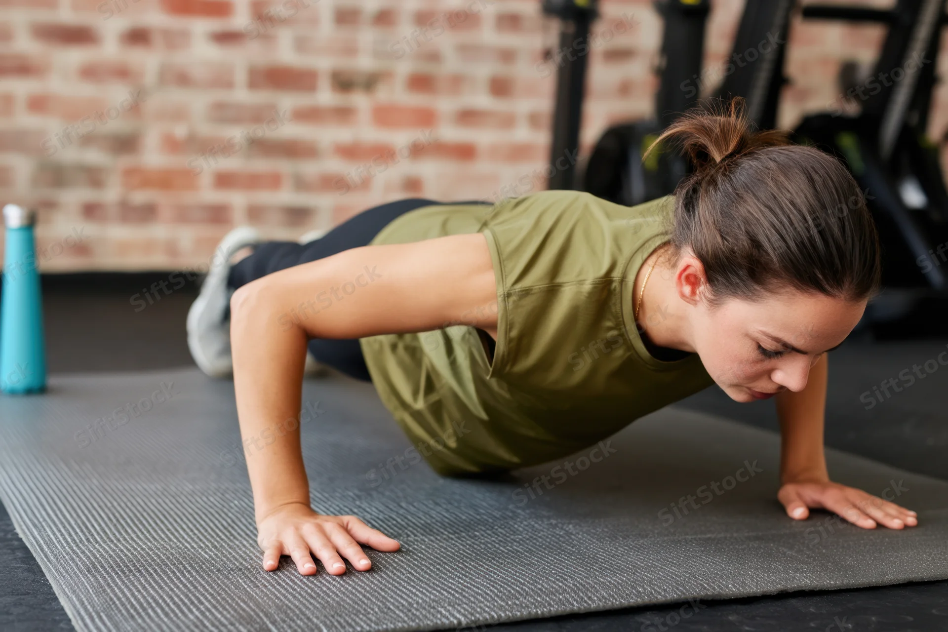 Woman doing pushup on exercise mat in gym