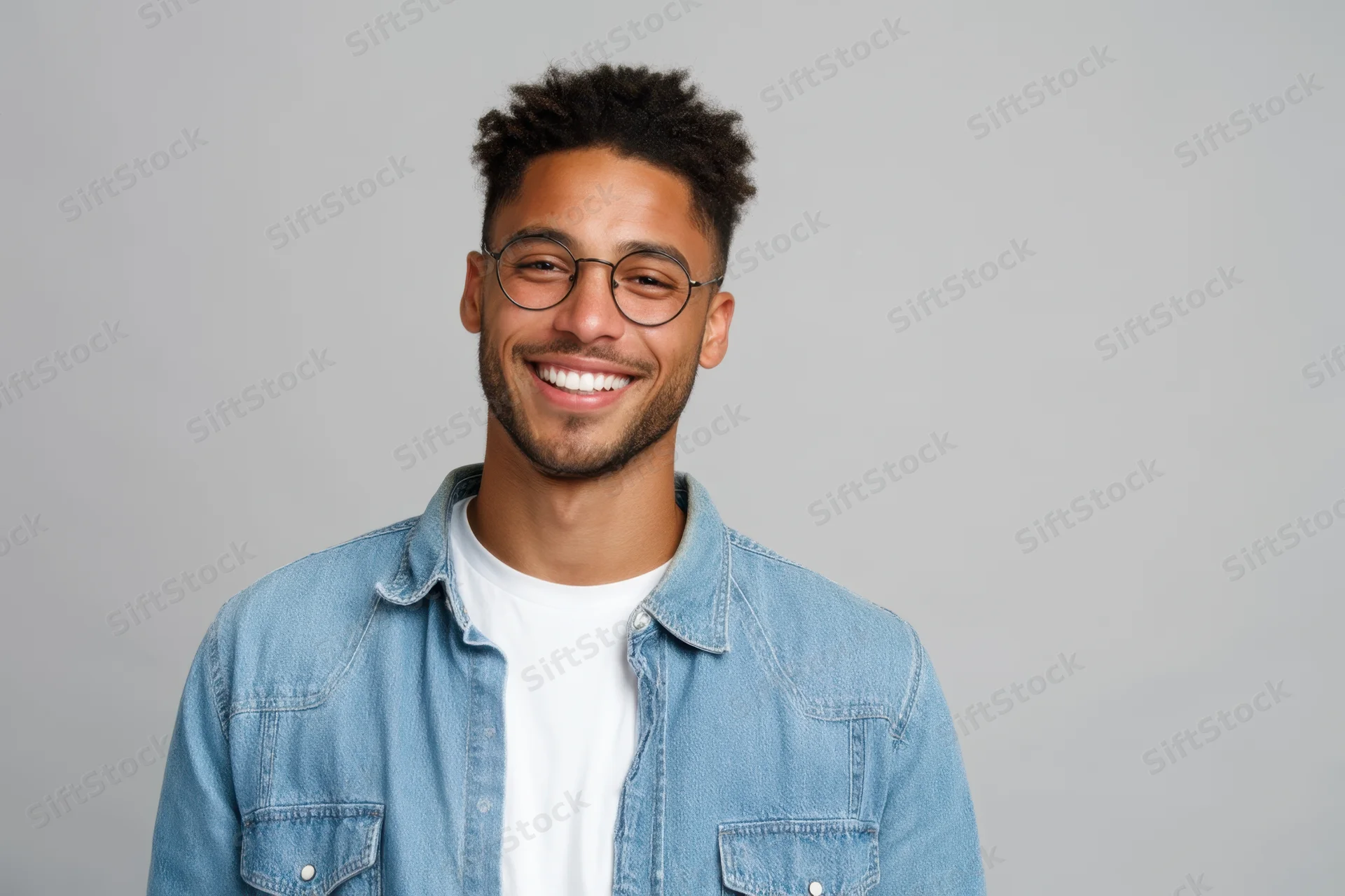 Young man smiling in denim shirt over white tshirt against light gray background