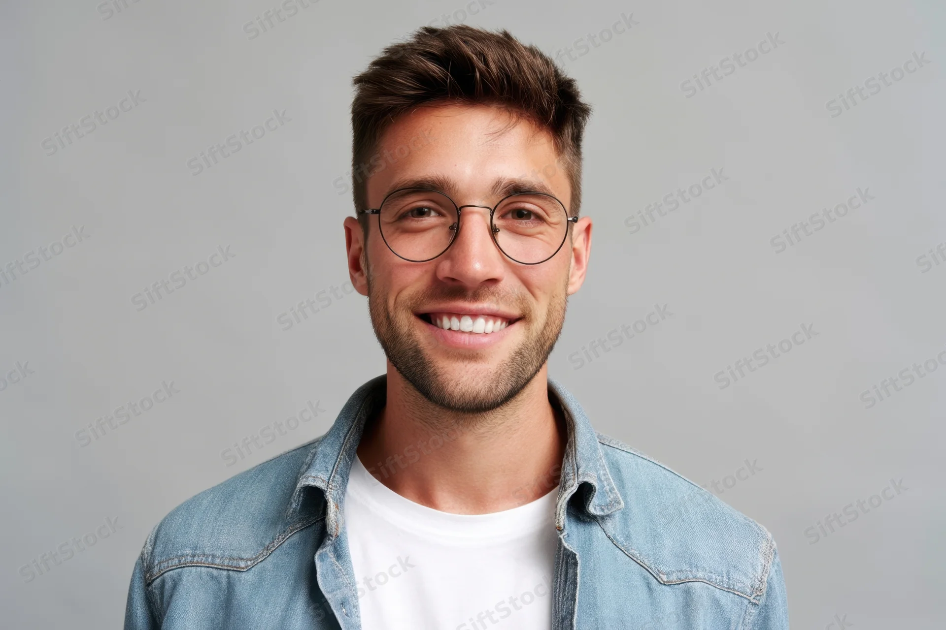 Smiling man in denim shirt over white tshirt, studio portrait, front view