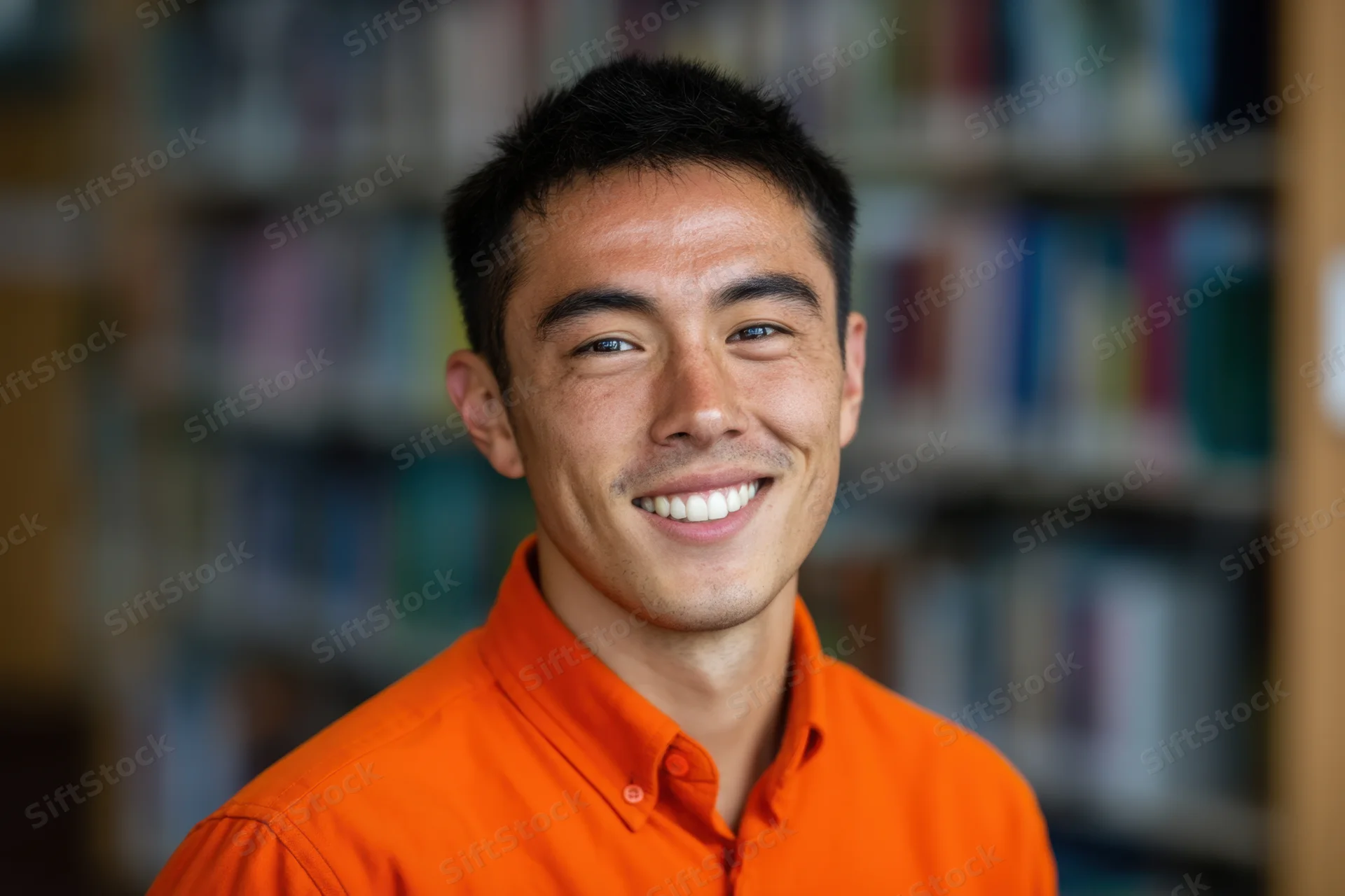 Young asian man smiling in orange collared shirt in front of bookshelf in library