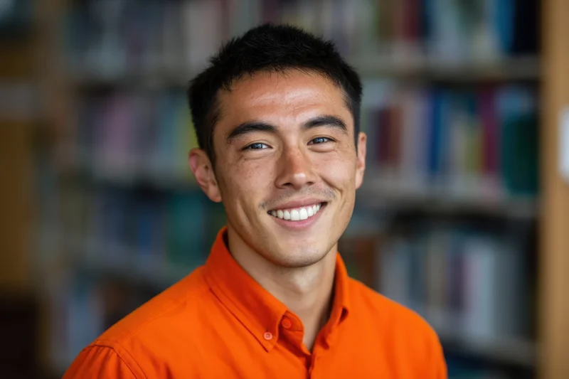 Young asian man smiling in orange collared shirt in front of bookshelf in library