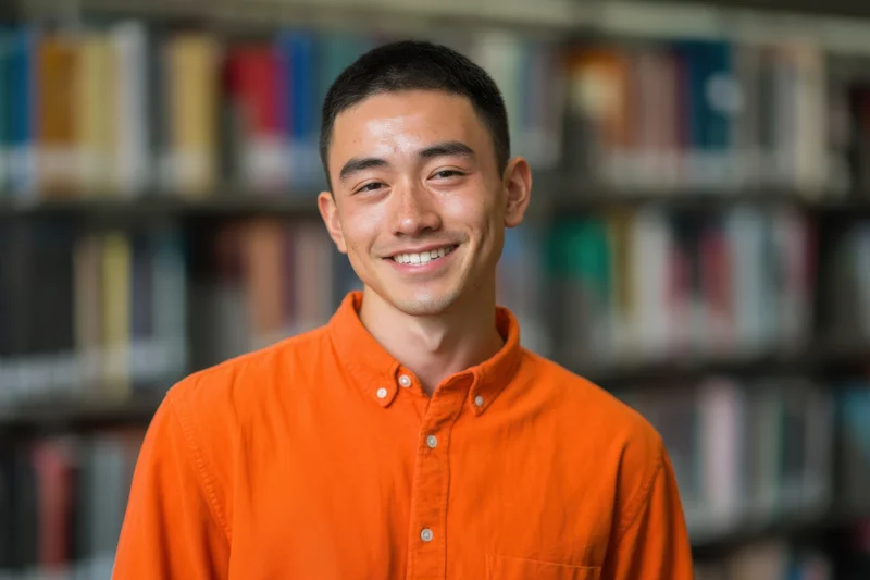 Young asian man smiling in orange shirt in front of bookshelf in library