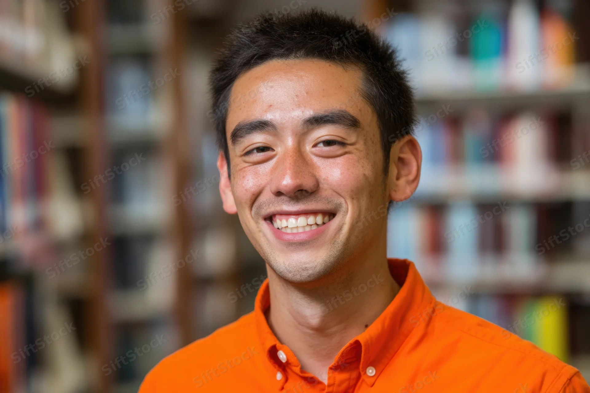 Young asian man smiling in orange collared shirt in front of bookshelf in library