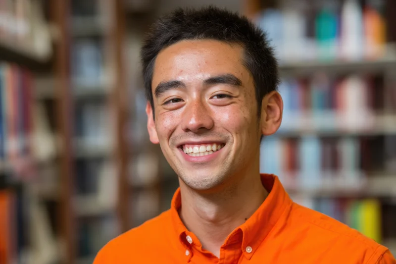 Young asian man smiling in orange collared shirt in front of bookshelf in library