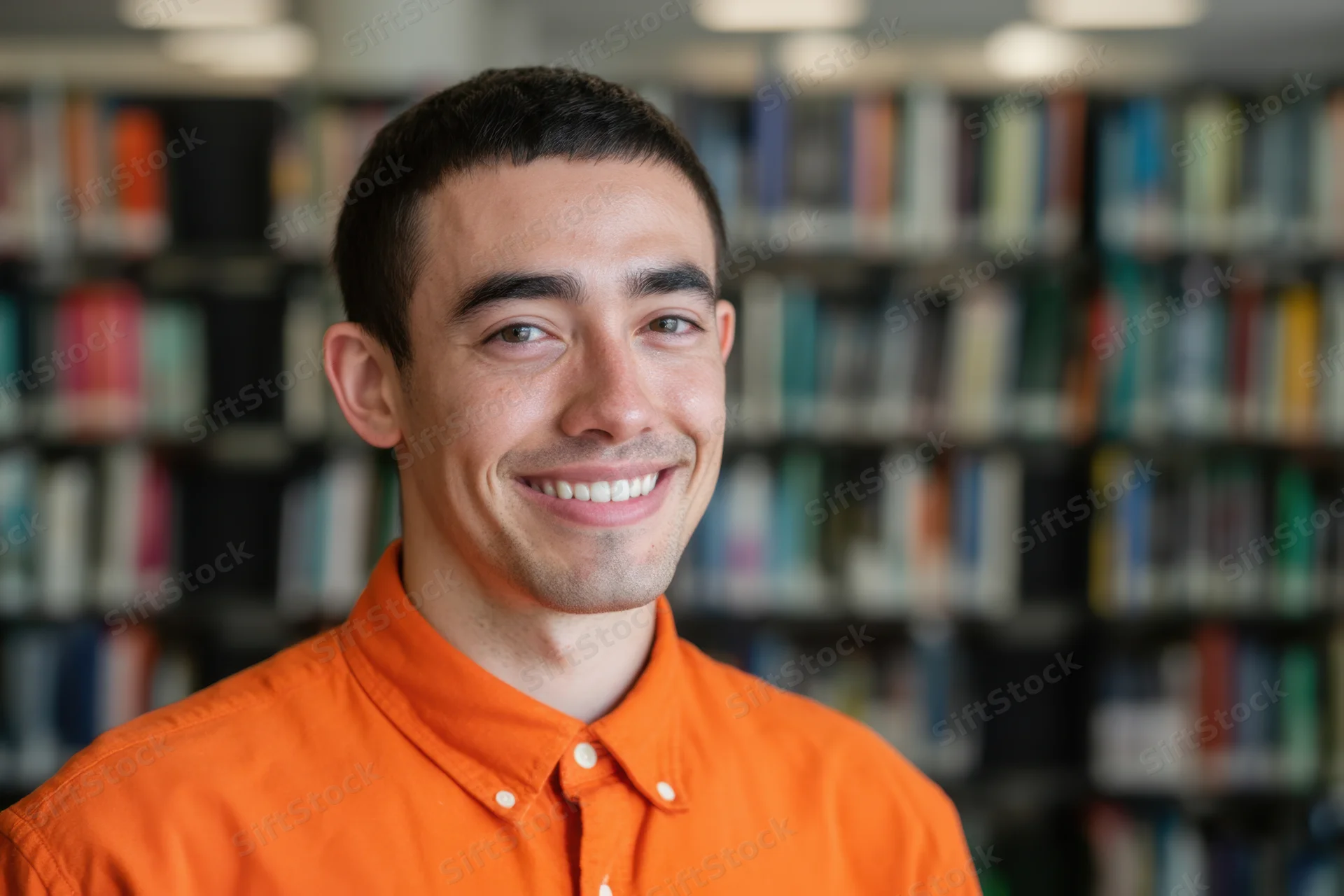 Young man smiling in a library with bookshelves behind him