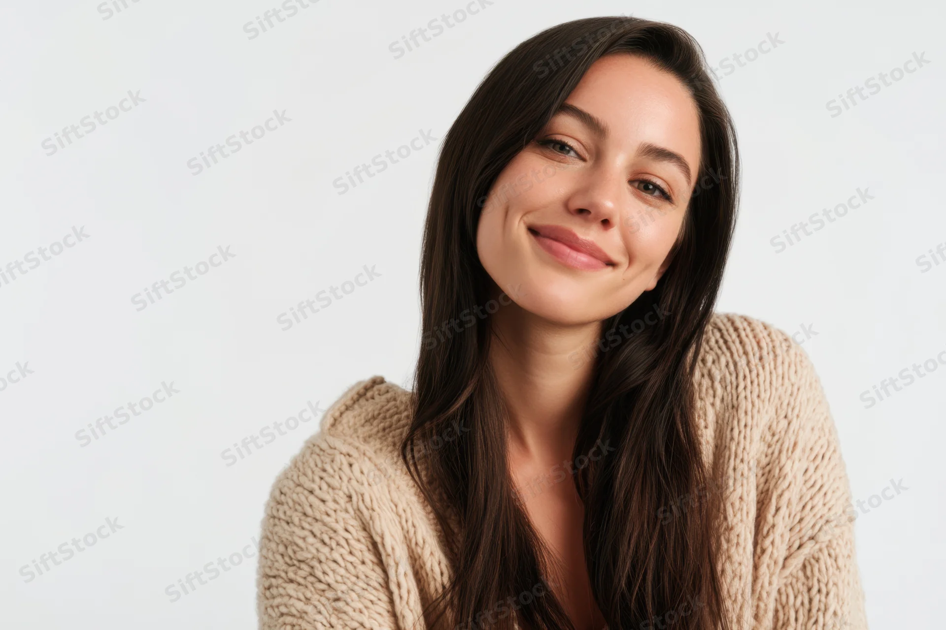 Smiling woman with long dark hair wearing a beige knit sweater in a studio setting