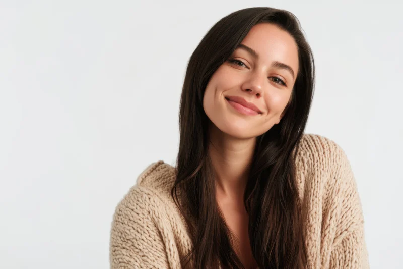 Smiling woman with long dark hair wearing a beige knit sweater in a studio setting