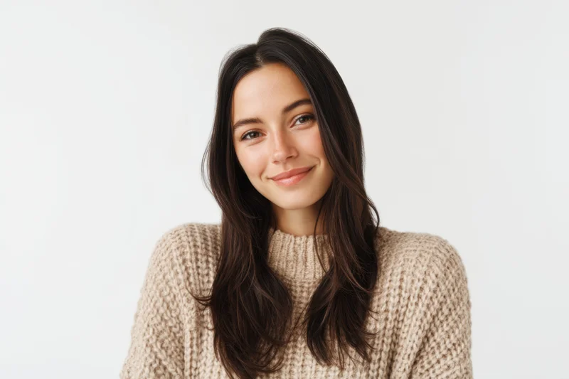 Smiling woman in beige knit sweater posing against white background