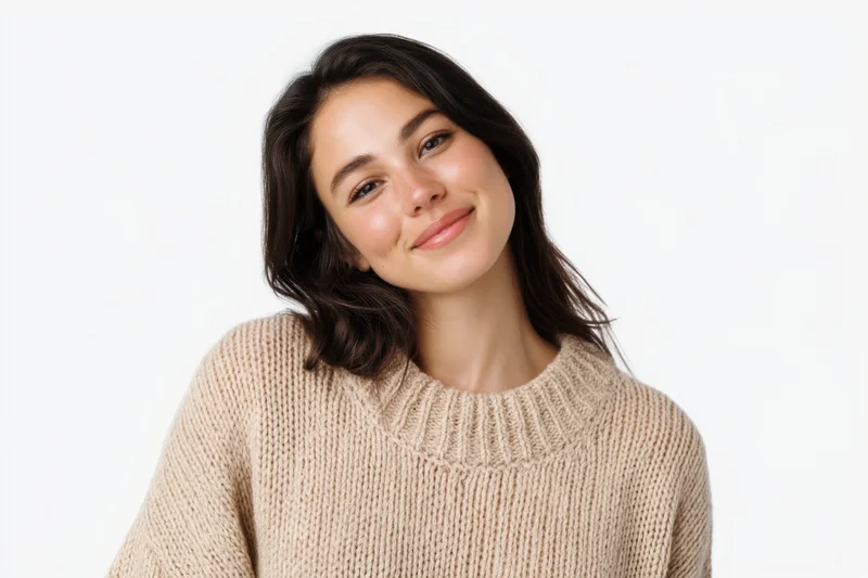 Smiling woman in beige knit sweater posing against white background