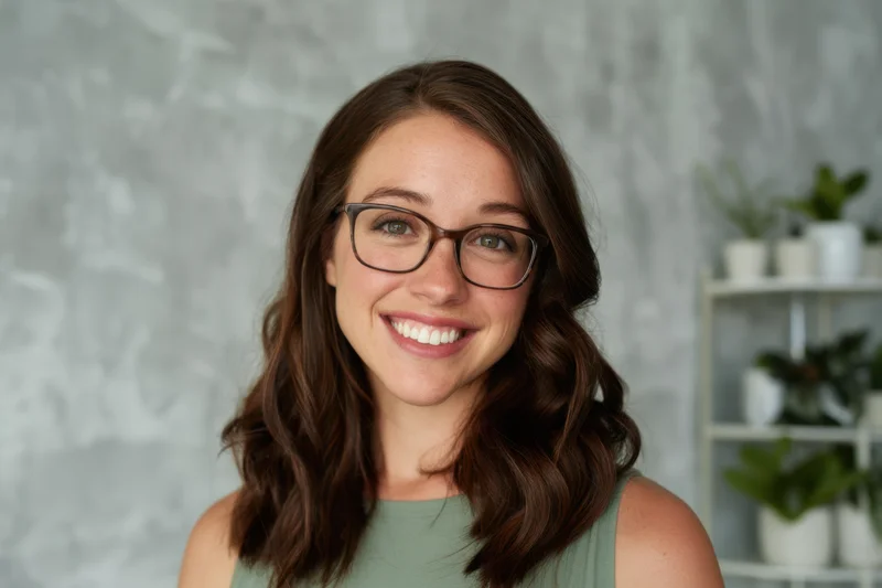 Smiling woman with long wavy brown hair and glasses in a studio setting with plants on shelves behind her