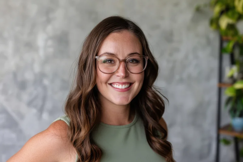 Smiling woman with long wavy brown hair and glasses in a studio setting